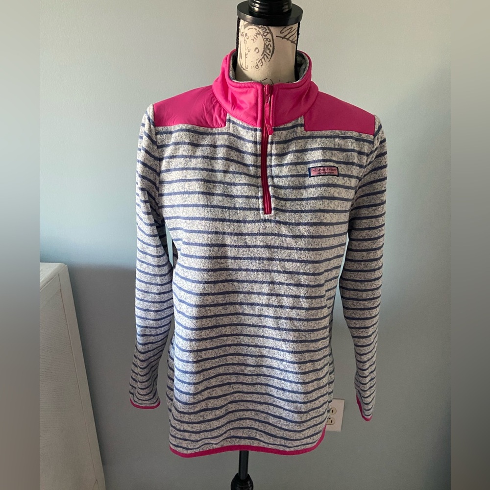 Vineyard Vines pink/gray/navy striped zippered pullover size medium